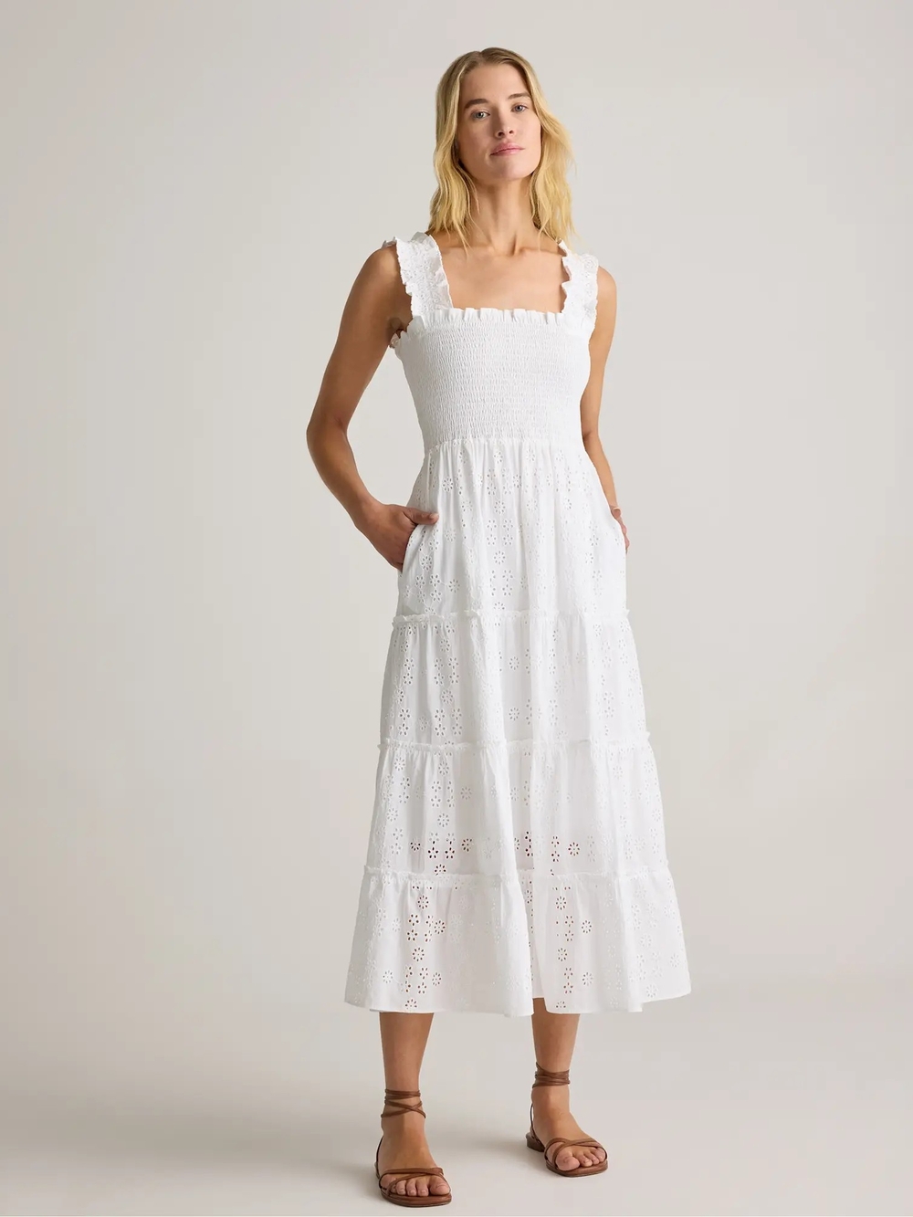 Quince 100% Organic Cotton White Eyelet Smocked Midi Dress Medium